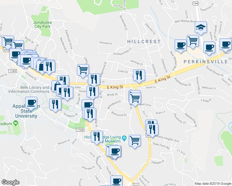 map of restaurants, bars, coffee shops, grocery stores, and more near 252 East King Street in Boone