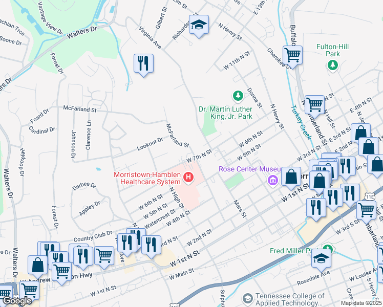 map of restaurants, bars, coffee shops, grocery stores, and more near 823 McFarland Street in Morristown