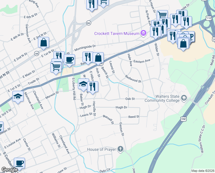 map of restaurants, bars, coffee shops, grocery stores, and more near 460 Ash Street in Morristown