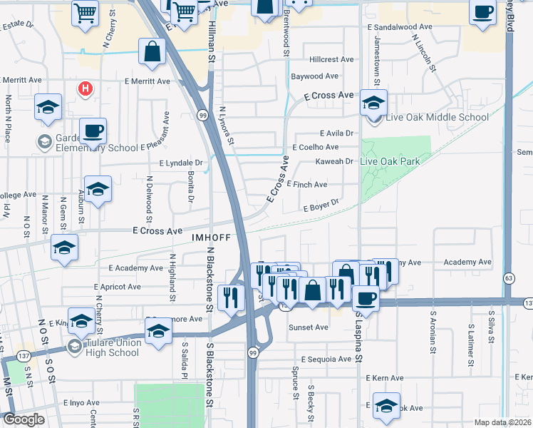 map of restaurants, bars, coffee shops, grocery stores, and more near 440 North Lynora Street in Tulare