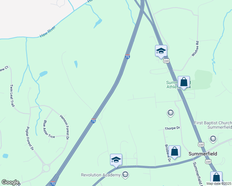 map of restaurants, bars, coffee shops, grocery stores, and more near 7646 Deboe Road in Summerfield