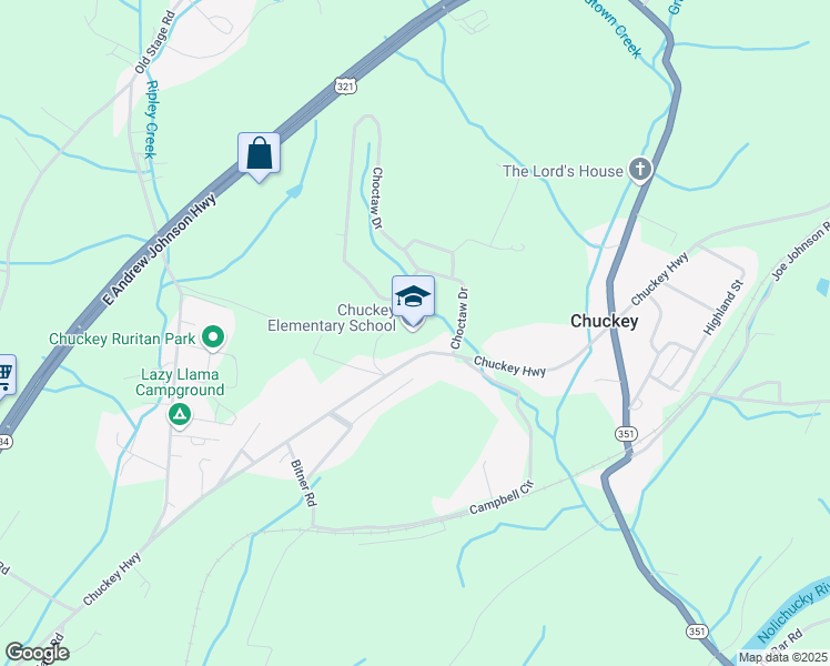 map of restaurants, bars, coffee shops, grocery stores, and more near 1605 Chuckey Highway in Chuckey