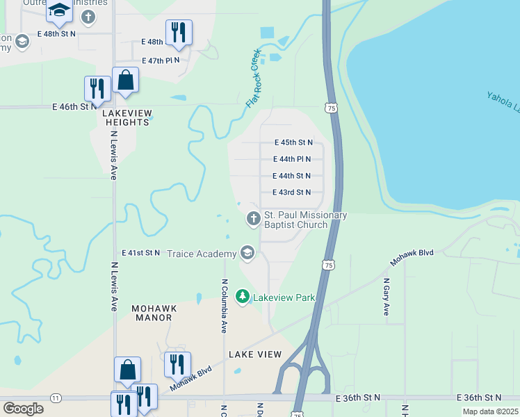 map of restaurants, bars, coffee shops, grocery stores, and more near 4270 North Delaware Avenue in Tulsa