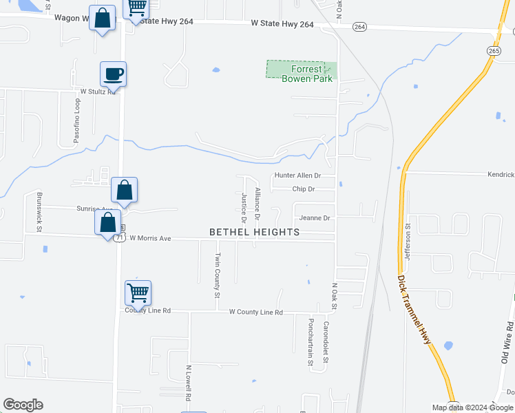map of restaurants, bars, coffee shops, grocery stores, and more near 3471 Alliance Drive in Springdale