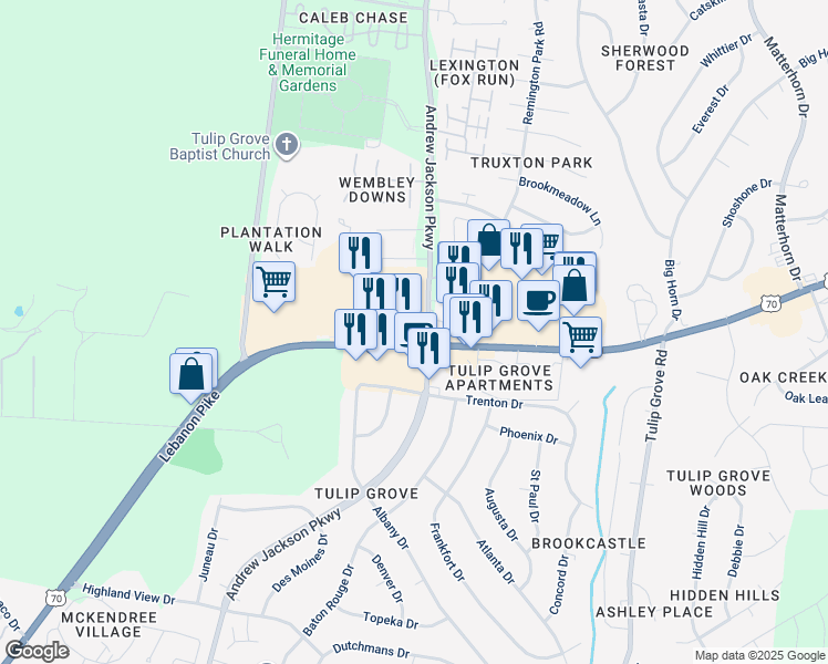 map of restaurants, bars, coffee shops, grocery stores, and more near 4444 Lebanon Road in Nashville