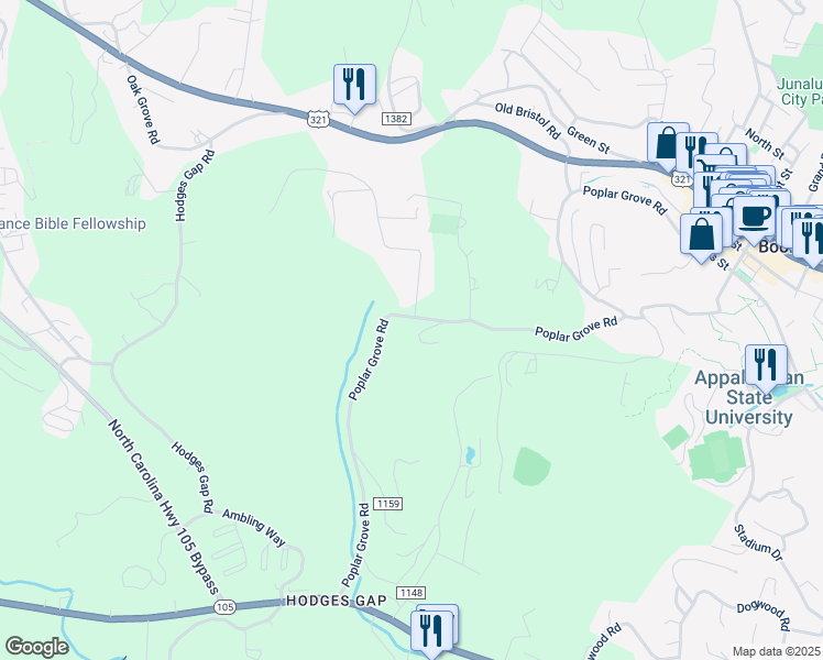 map of restaurants, bars, coffee shops, grocery stores, and more near 140 Flick Drive in Boone