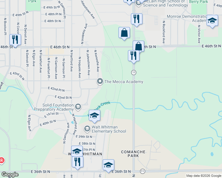map of restaurants, bars, coffee shops, grocery stores, and more near Osage Praire Trail in Tulsa
