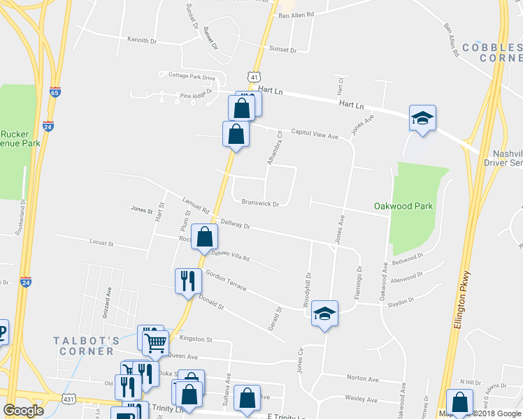 map of restaurants, bars, coffee shops, grocery stores, and more near 2714 Brunswick Drive in Nashville