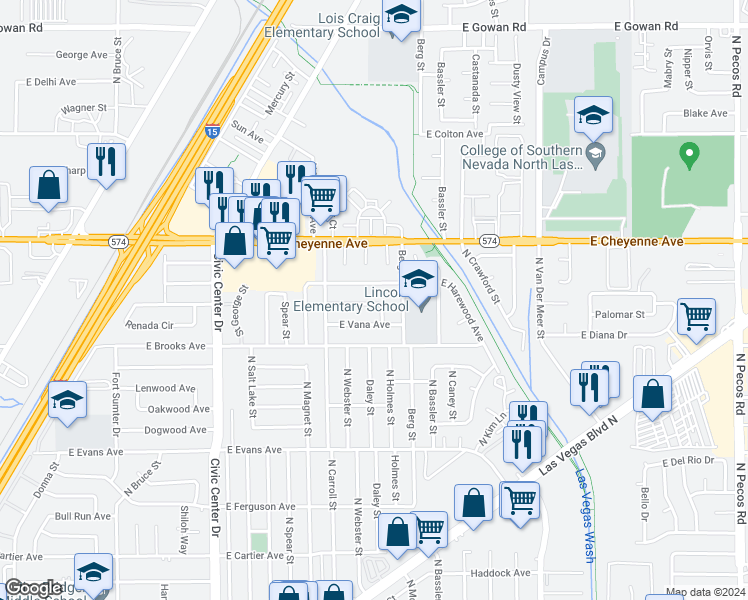 map of restaurants, bars, coffee shops, grocery stores, and more near 2608 East Lincoln Avenue in North Las Vegas