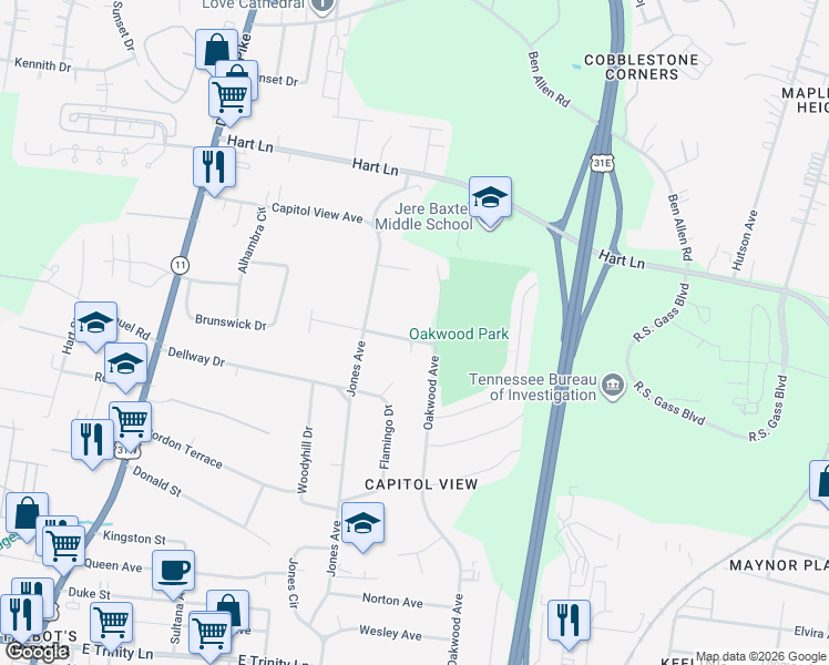map of restaurants, bars, coffee shops, grocery stores, and more near 2713 Bullock Avenue in Nashville
