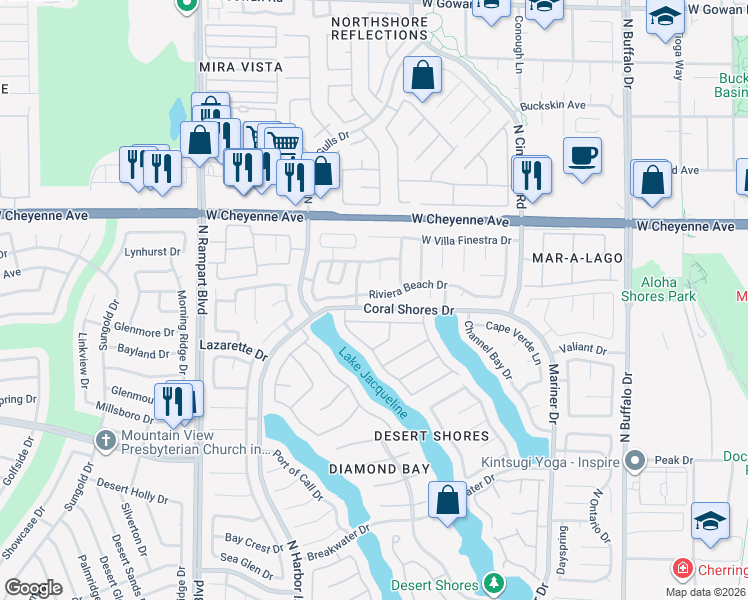 map of restaurants, bars, coffee shops, grocery stores, and more near 8132 Riviera Beach Drive in Las Vegas