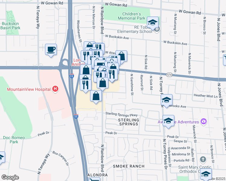 map of restaurants, bars, coffee shops, grocery stores, and more near 6632 Light Breeze Drive in Las Vegas