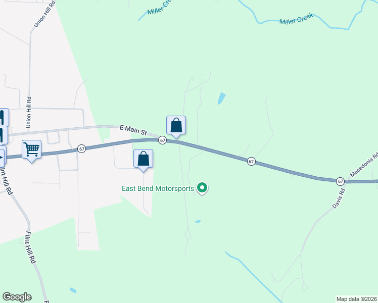 map of restaurants, bars, coffee shops, grocery stores, and more near 9160 North Carolina 67 in East Bend