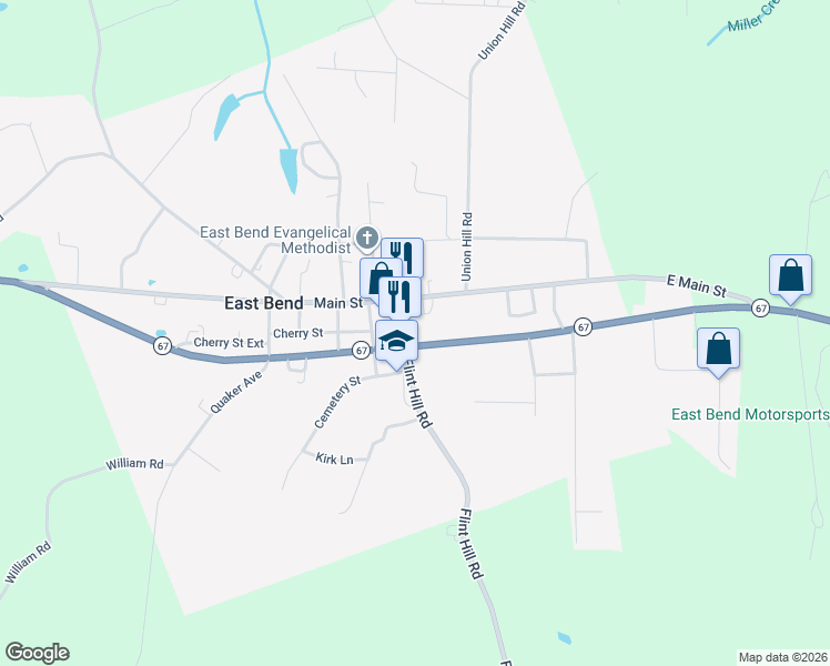 map of restaurants, bars, coffee shops, grocery stores, and more near 112 Main Street in East Bend