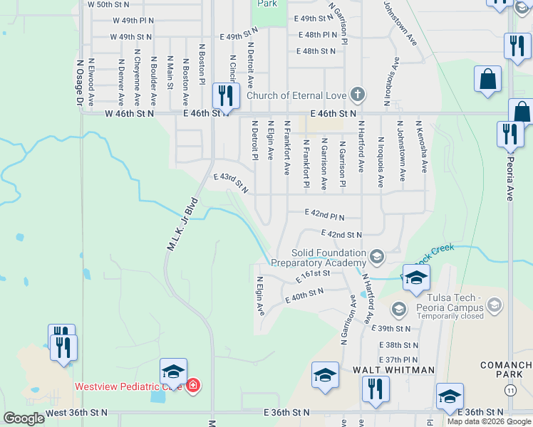 map of restaurants, bars, coffee shops, grocery stores, and more near 4183 North Elgin Avenue in Tulsa