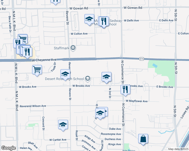 map of restaurants, bars, coffee shops, grocery stores, and more near 602 West Brooks Avenue in North Las Vegas