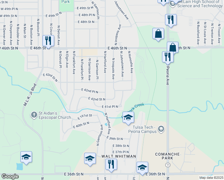 map of restaurants, bars, coffee shops, grocery stores, and more near 4230 North Iroquois Avenue in Tulsa