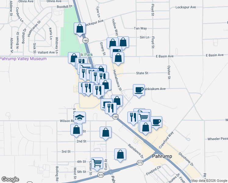 map of restaurants, bars, coffee shops, grocery stores, and more near 220 Humahuaca Street in Pahrump