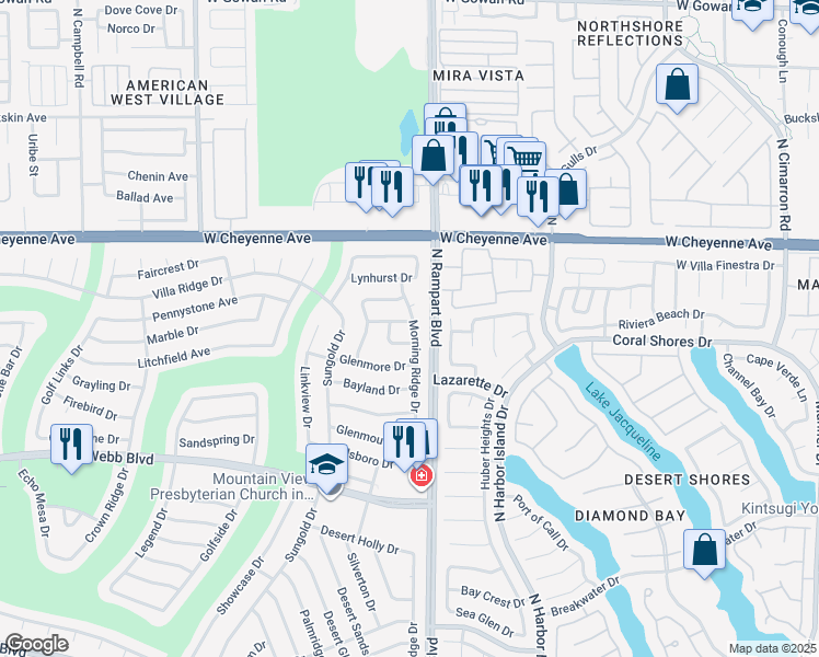 map of restaurants, bars, coffee shops, grocery stores, and more near 3028 Morning Ridge Drive in Las Vegas