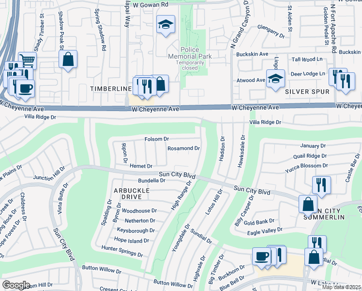 map of restaurants, bars, coffee shops, grocery stores, and more near 9828 Rosamond Drive in Las Vegas