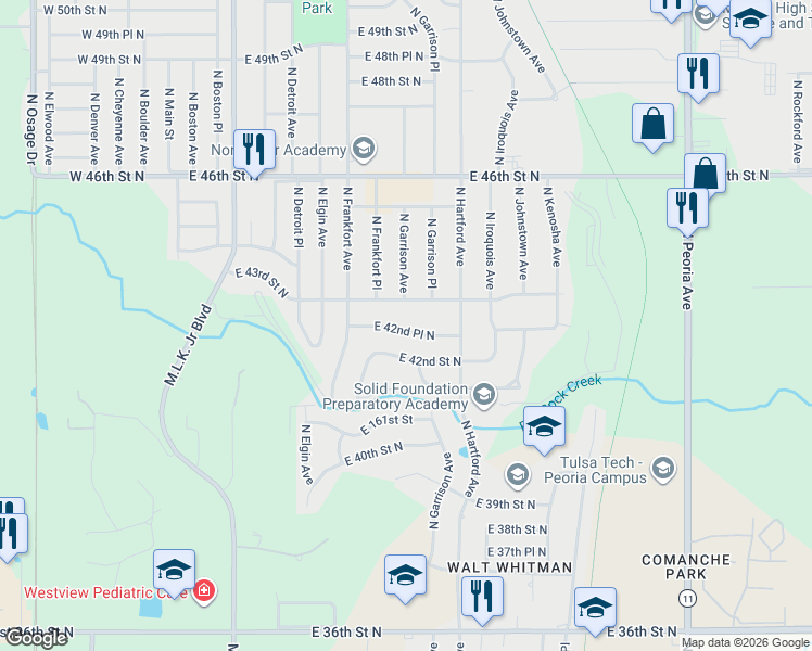 map of restaurants, bars, coffee shops, grocery stores, and more near 555 East 42nd Place North in Tulsa