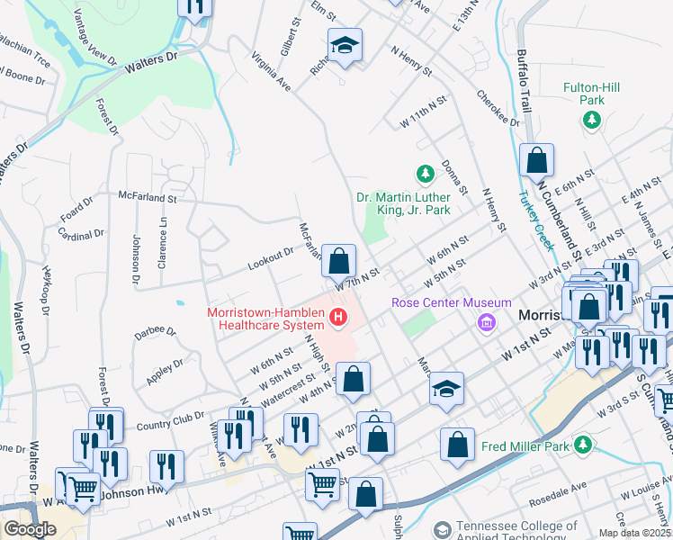 map of restaurants, bars, coffee shops, grocery stores, and more near 823 McFarland Street in Morristown