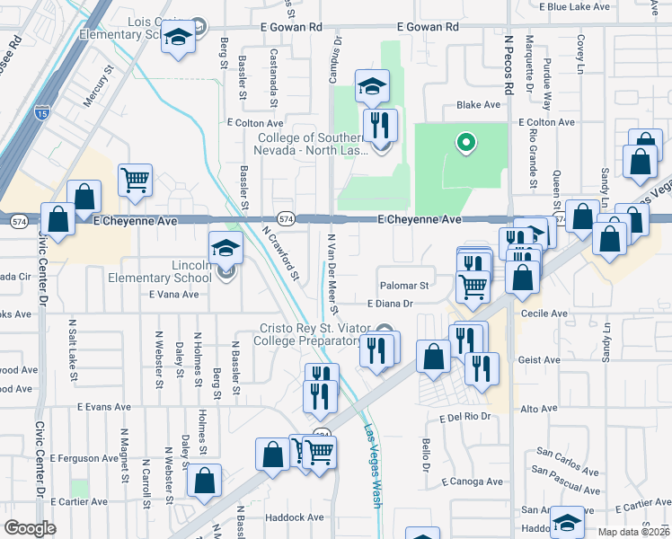 map of restaurants, bars, coffee shops, grocery stores, and more near 3104 North Van Der Meer Street in North Las Vegas