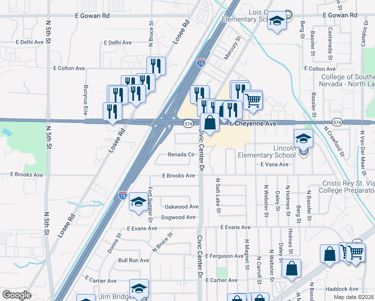 map of restaurants, bars, coffee shops, grocery stores, and more near 1617 Harewood Avenue in North Las Vegas