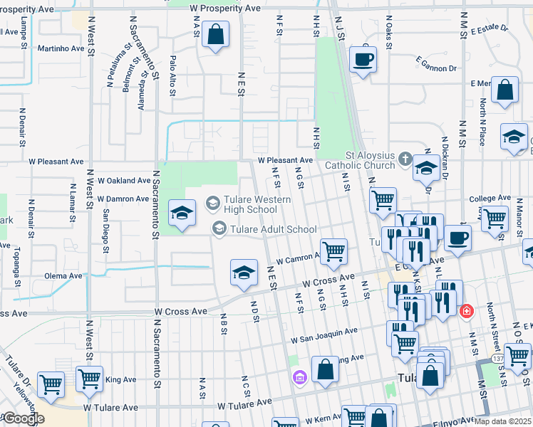 map of restaurants, bars, coffee shops, grocery stores, and more near 806 N E St in Tulare