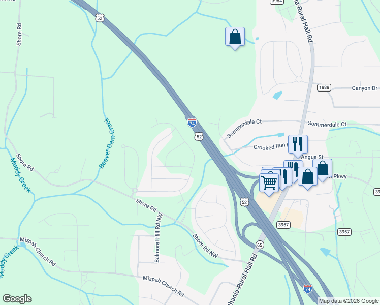 map of restaurants, bars, coffee shops, grocery stores, and more near 1551 Shore Road in Rural Hall