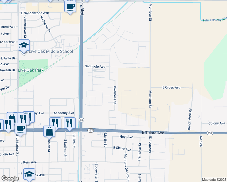 map of restaurants, bars, coffee shops, grocery stores, and more near 2697 Doral Ct in Tulare