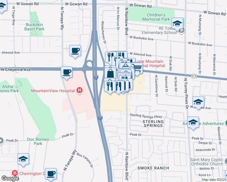 map of restaurants, bars, coffee shops, grocery stores, and more near 3085 North Rainbow Boulevard in Las Vegas