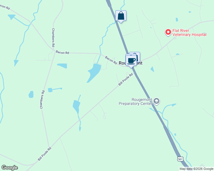 map of restaurants, bars, coffee shops, grocery stores, and more near 284 Bill Poole Road in Rougemont