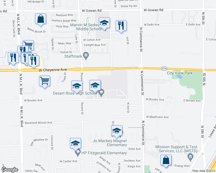 map of restaurants, bars, coffee shops, grocery stores, and more near 444 West Brooks Avenue in North Las Vegas