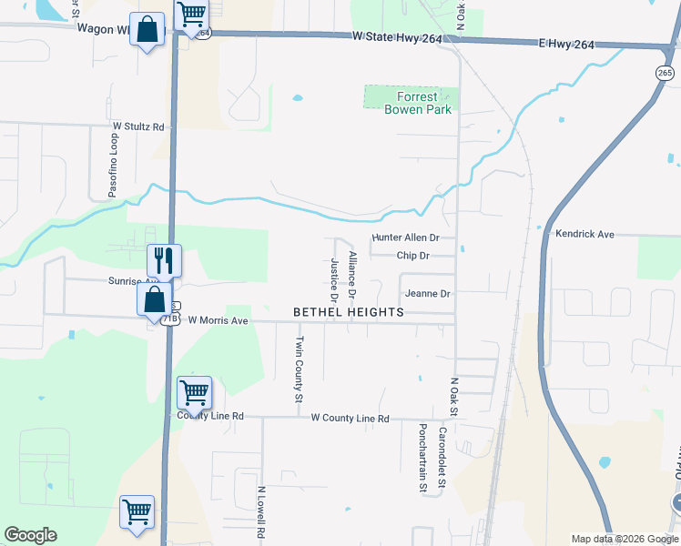 map of restaurants, bars, coffee shops, grocery stores, and more near 3522 Alliance Drive in Bethel Heights