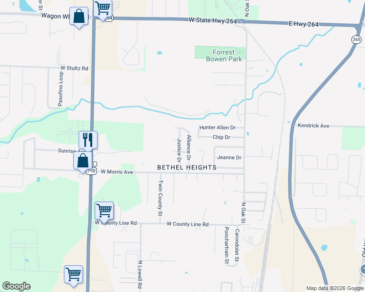 map of restaurants, bars, coffee shops, grocery stores, and more near 3497 Justice Drive in Bethel Heights