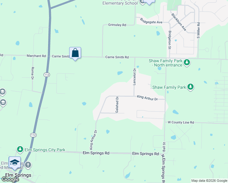 map of restaurants, bars, coffee shops, grocery stores, and more near 714 King Arthur Drive in Springdale