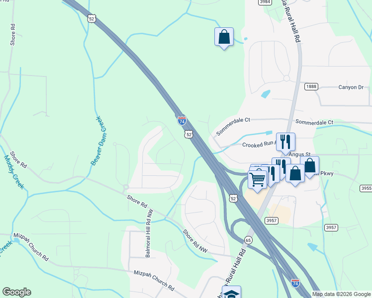 map of restaurants, bars, coffee shops, grocery stores, and more near 1551 Shore Road in Rural Hall