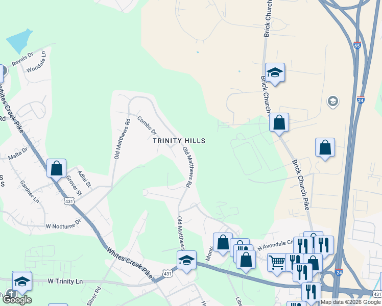 map of restaurants, bars, coffee shops, grocery stores, and more near 2643 Old Matthews Road in Nashville