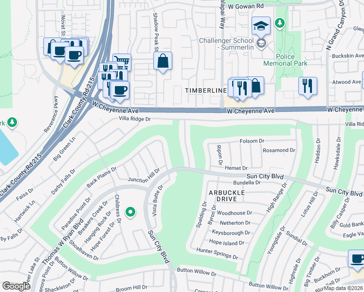 map of restaurants, bars, coffee shops, grocery stores, and more near 3032 Highland Falls Drive in Las Vegas