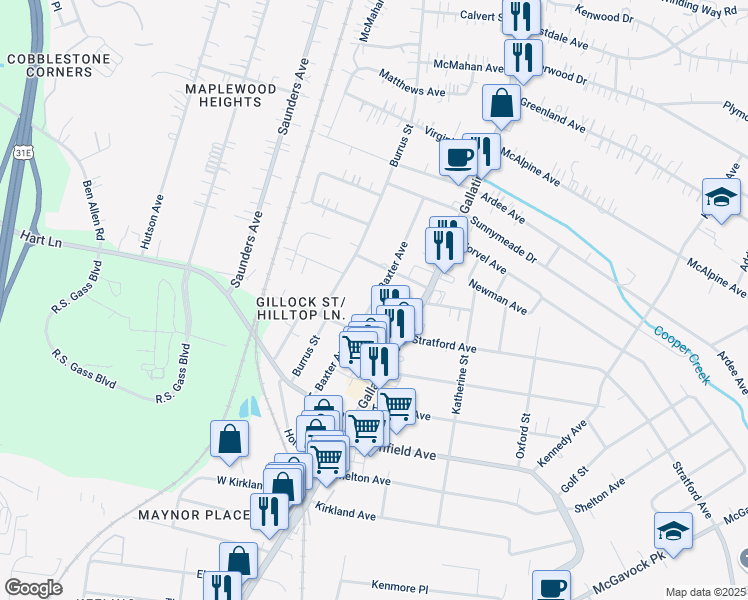 map of restaurants, bars, coffee shops, grocery stores, and more near 3821 Baxter Avenue in Nashville