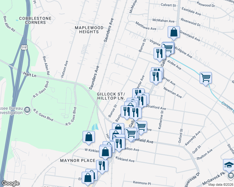 map of restaurants, bars, coffee shops, grocery stores, and more near in Nashville