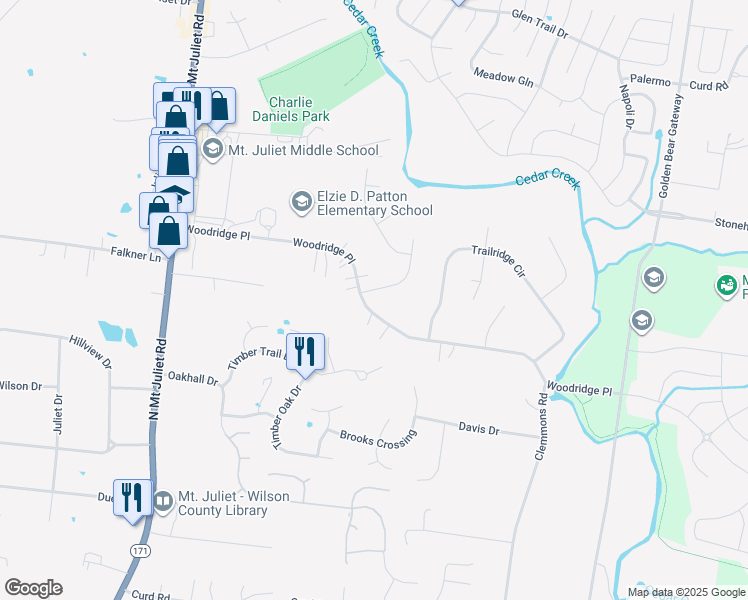 map of restaurants, bars, coffee shops, grocery stores, and more near 1111 Woodridge Place in Mount Juliet
