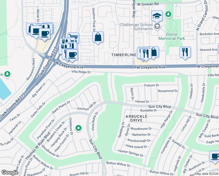 map of restaurants, bars, coffee shops, grocery stores, and more near 3032 Highland Falls Drive in Las Vegas