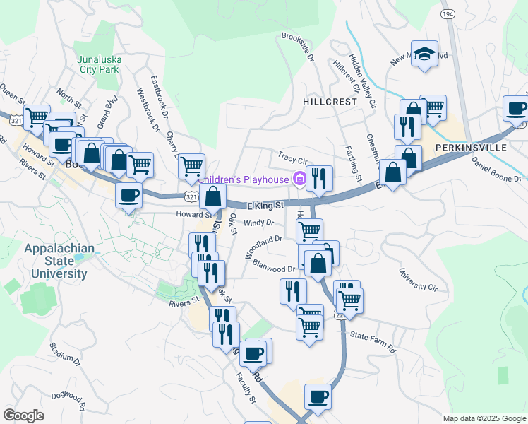 map of restaurants, bars, coffee shops, grocery stores, and more near 252 East King Street in Boone