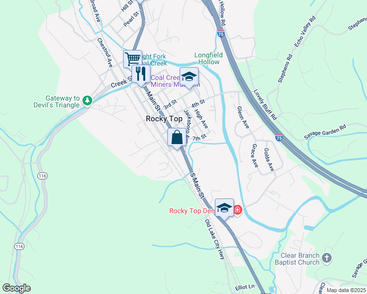 map of restaurants, bars, coffee shops, grocery stores, and more near 810 South Main Street in Rocky Top