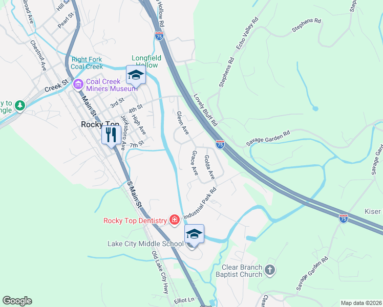 map of restaurants, bars, coffee shops, grocery stores, and more near 915 Grace Avenue in Rocky Top