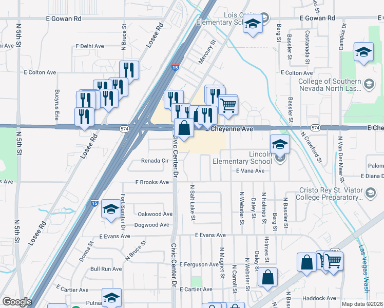 map of restaurants, bars, coffee shops, grocery stores, and more near 2200 Packard Place in North Las Vegas