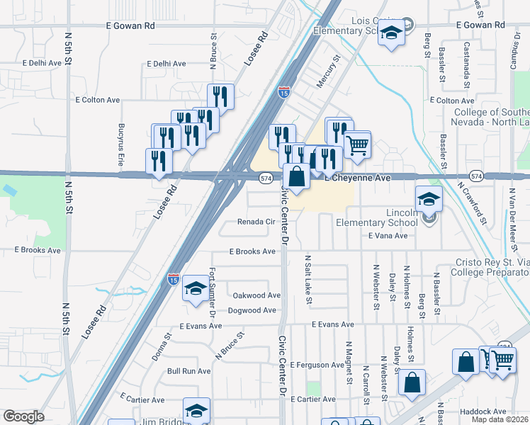 map of restaurants, bars, coffee shops, grocery stores, and more near 1617 Harewood Avenue in North Las Vegas