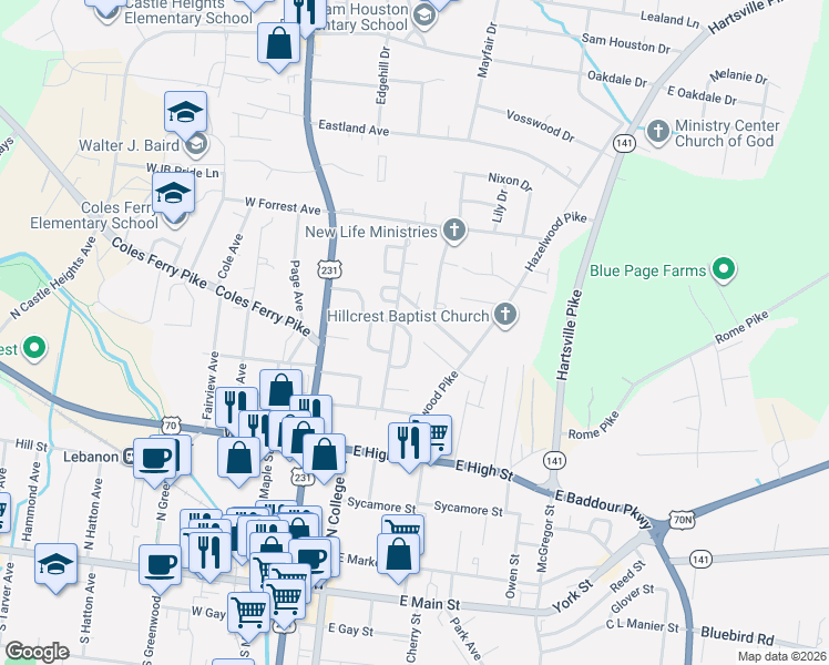 map of restaurants, bars, coffee shops, grocery stores, and more near 160 Upton Heights in Lebanon